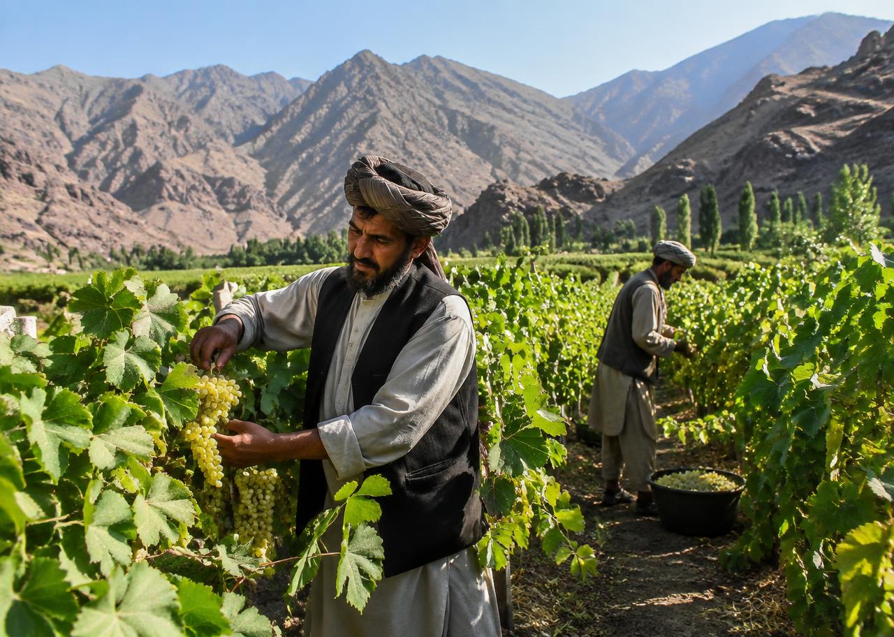 Growers harvesting grapes in an Istalif vineyard beneath the Afghan mountains