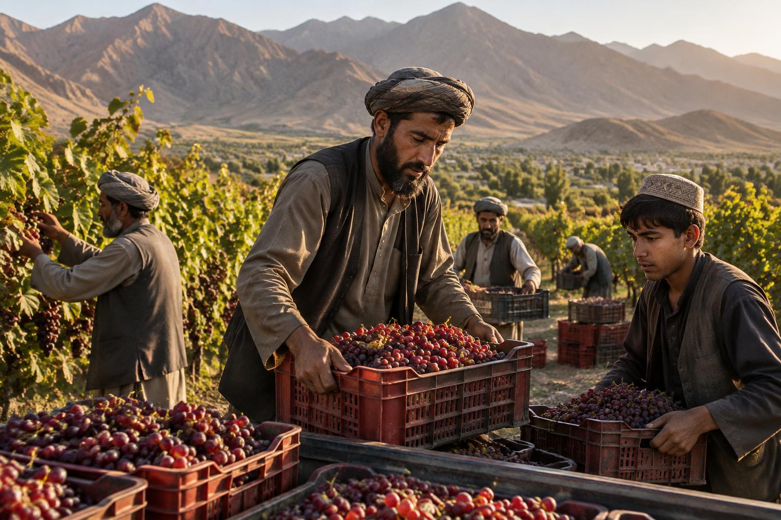 Growers harvesting red grapes in an Afghan vineyard