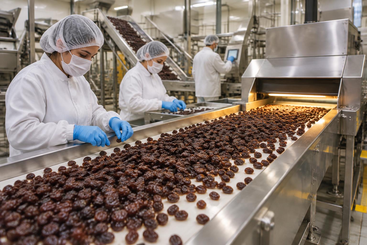 Raisins moving through an optical sorting line