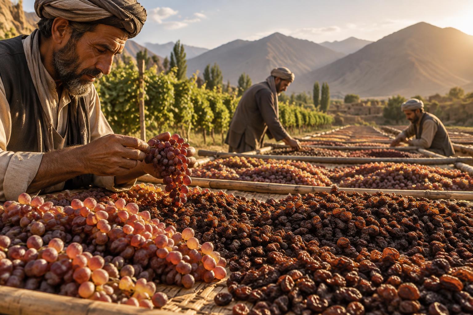 Grapes drying naturally under the Afghan sun